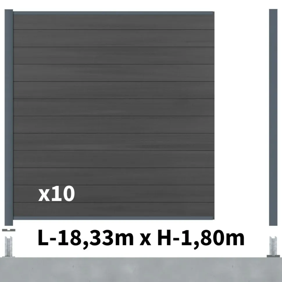 DECKLINEA - Kit clôture composite cruz ardoise 18x1,8m - bois composite & aluminium - poteaux sur platines gris - brise vue - palissade