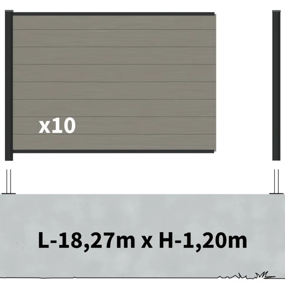 DECKLINEA - Kit clôture composite sur muret rio platine 18x1,8m - bois composite & aluminium - poteaux sur platines noir - brise vue