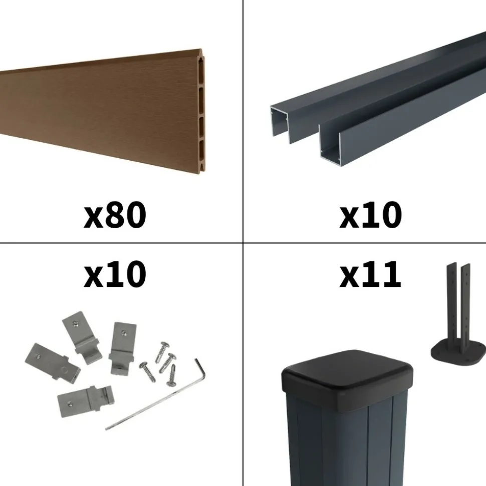 DECKLINEA - Kit clôture composite sur muret rio bronze 18x1,8m - bois composite & aluminium - poteaux sur platines gris - brise vue