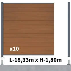 DECKLINEA - Kit clôture composite cruz teck 18x1,8m - bois composite & aluminium - poteaux sur platines gris - brise vue - palissade