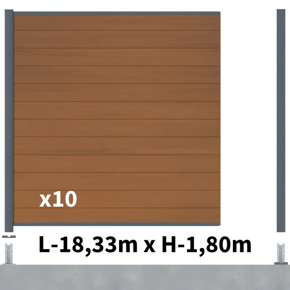 DECKLINEA - Kit clôture composite cruz teck 18x1,8m - bois composite & aluminium - poteaux sur platines gris - brise vue - palissade