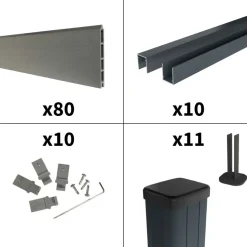 DECKLINEA - Kit clôture composite sur muret rio platine 18x1,8m - bois composite & aluminium - poteaux sur platines gris - brise vue