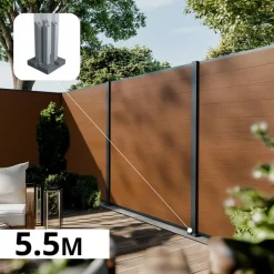DECKLINEA - Kit clôture composite cruz teck 5,5x1,8m - bois composite & aluminium - poteaux sur platines gris - brise vue - palissade