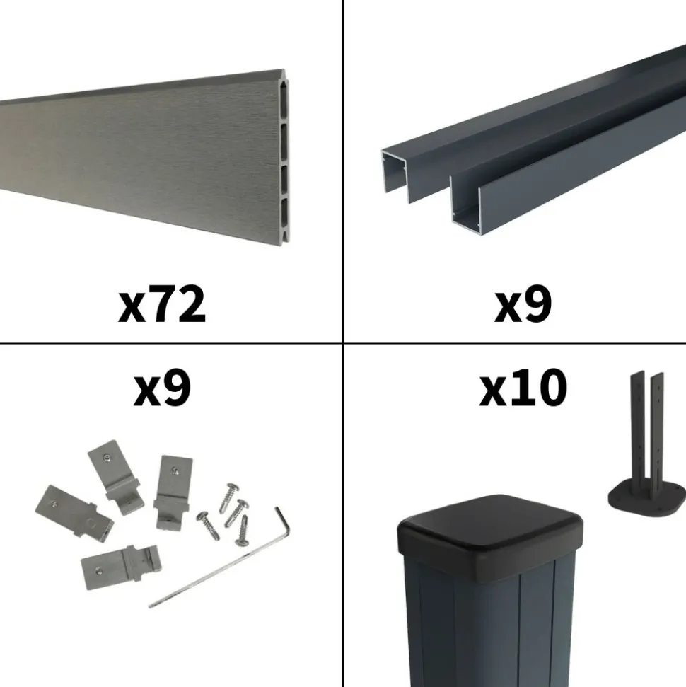 DECKLINEA - Kit clôture composite sur muret rio platine 16,5x1,8m - bois composite & aluminium - poteaux sur platines gris - brise vue