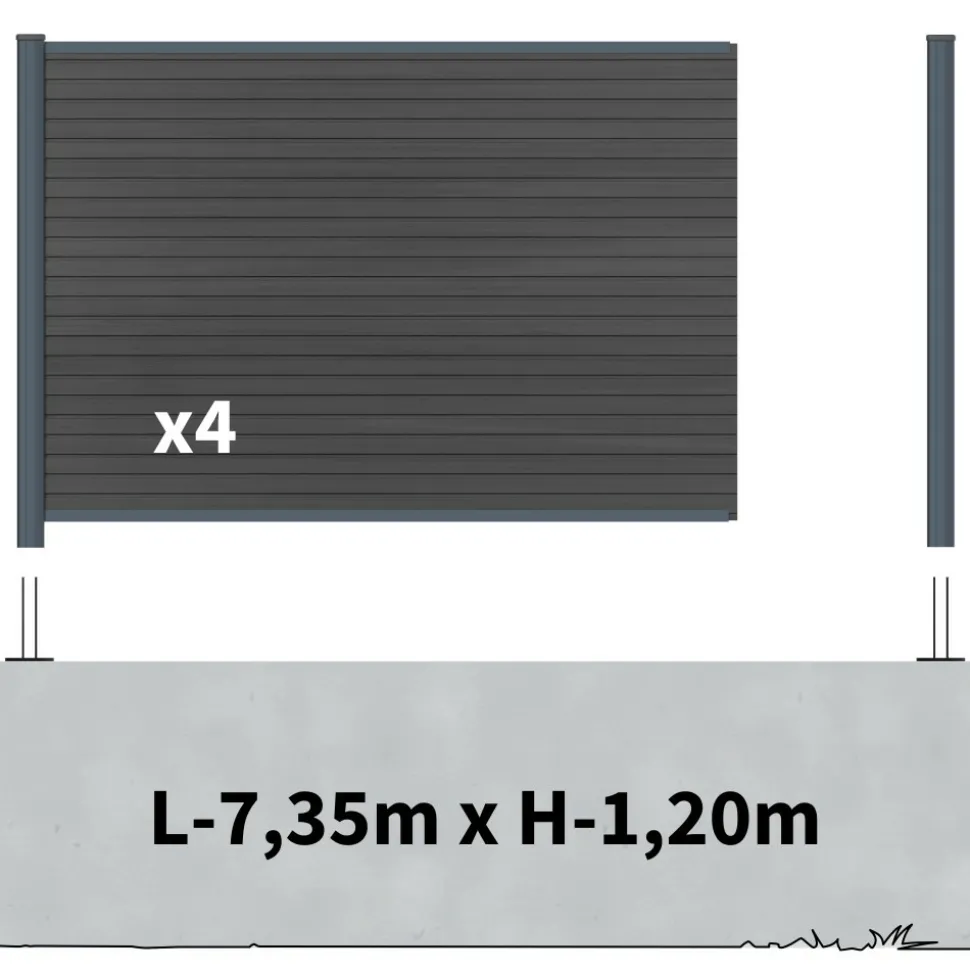 DECKLINEA - Kit clôture composite sur muret santos ardoise 7,5x1,8m - bois composite & aluminium - poteaux sur platines gris - brise vue