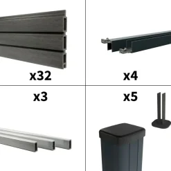 DECKLINEA - Kit clôture composite sur muret santos ardoise 7,5x1,8m - bois composite & aluminium - poteaux sur platines gris - brise vue