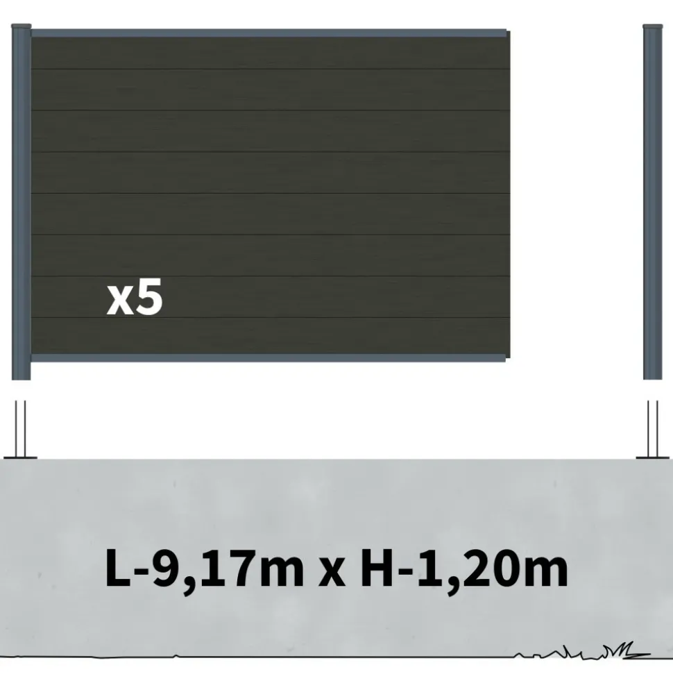 DECKLINEA - Kit clôture composite sur muret rio anthracite 9x1,8m - bois composite & aluminium - poteaux sur platines gris - brise vue