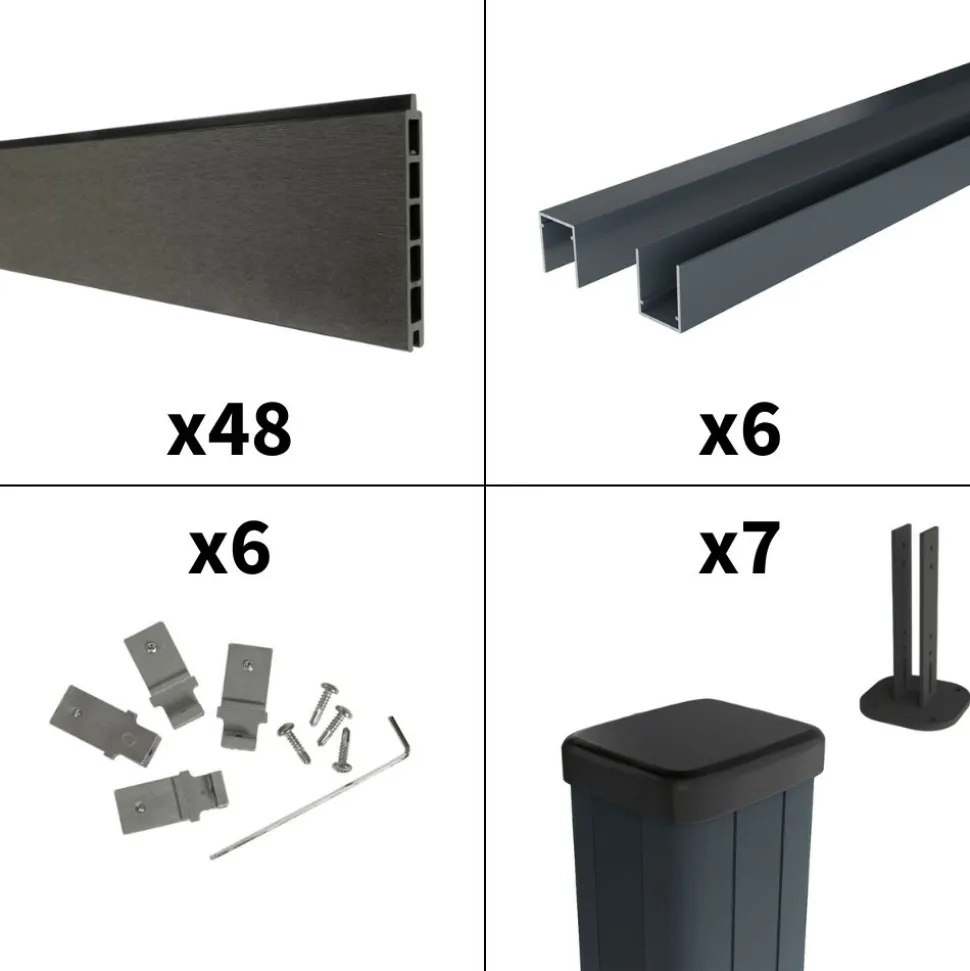 DECKLINEA - Kit clôture composite sur muret rio anthracite 11x1,8m - bois composite & aluminium - poteaux sur platines gris - brise vue