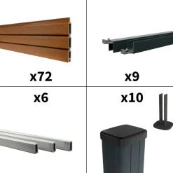 DECKLINEA - Kit clôture composite sur muret santos teck 16,5x1,8m - bois composite & aluminium - poteaux sur platines gris - brise vue