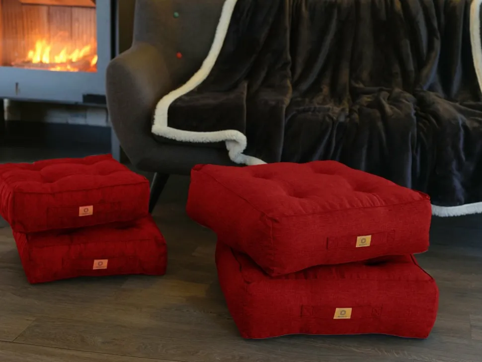 DECO ARTS - Lot de 2 coussins de sol effet lin 50 x 50 x 18 cm - rouge