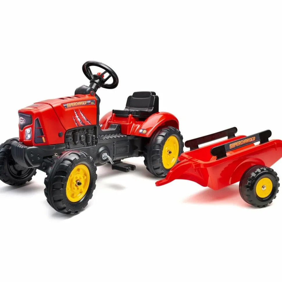 FALK - Tracteur à pédales enfant avec capot ouvrant et remorque supercharger rouge