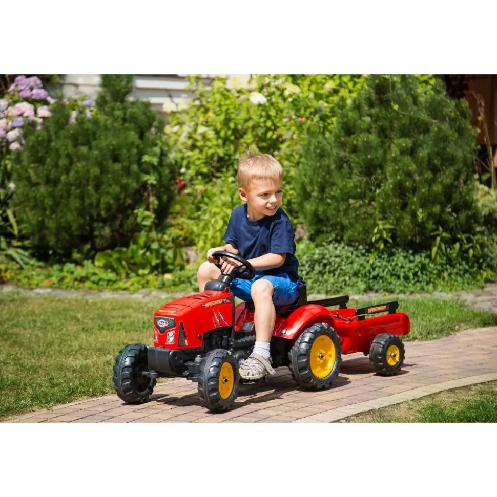 FALK - Tracteur à pédales enfant avec capot ouvrant et remorque supercharger rouge