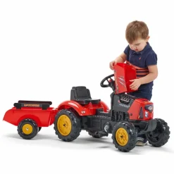 FALK - Tracteur à pédales enfant avec capot ouvrant et remorque supercharger rouge