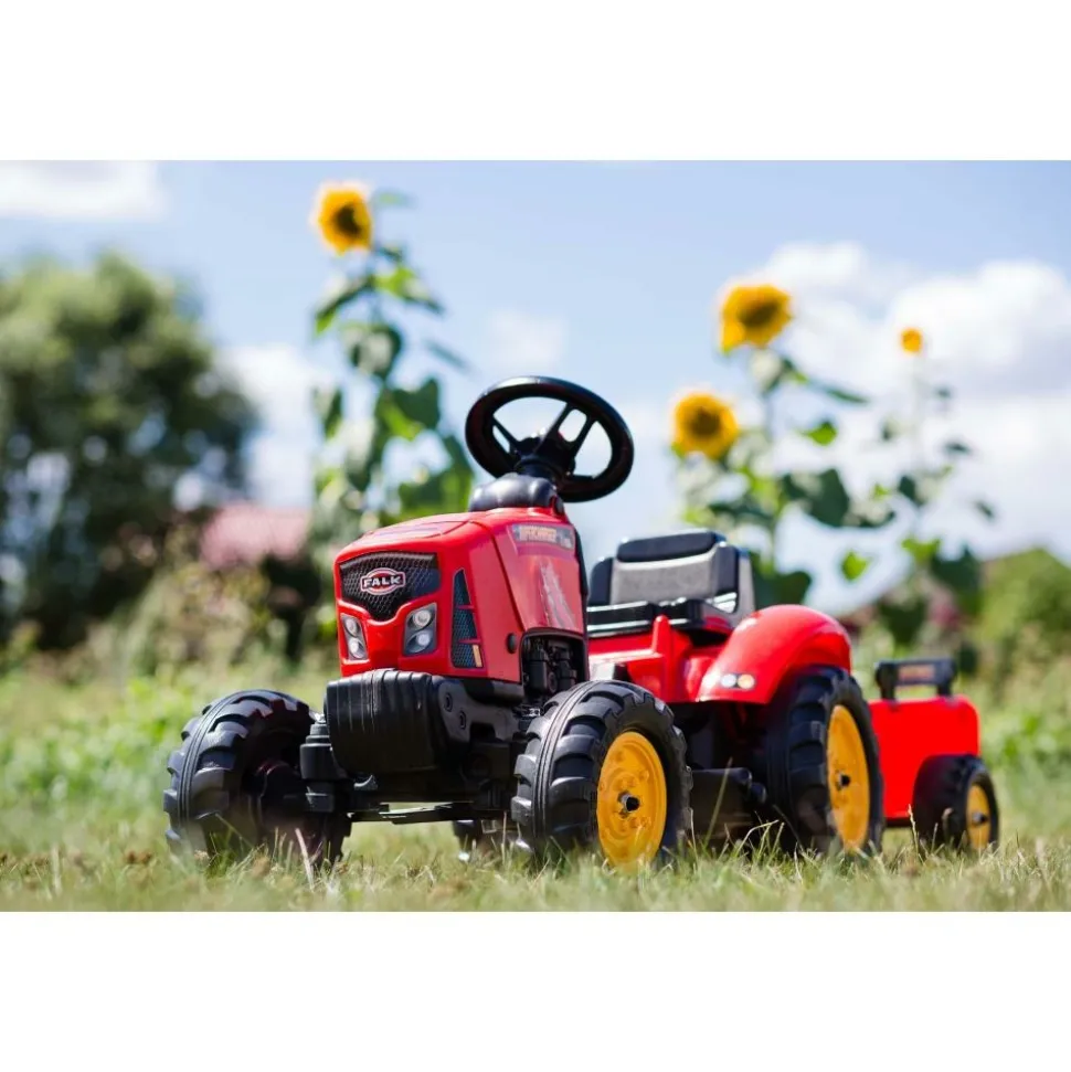 FALK - Tracteur à pédales enfant avec capot ouvrant et remorque supercharger rouge