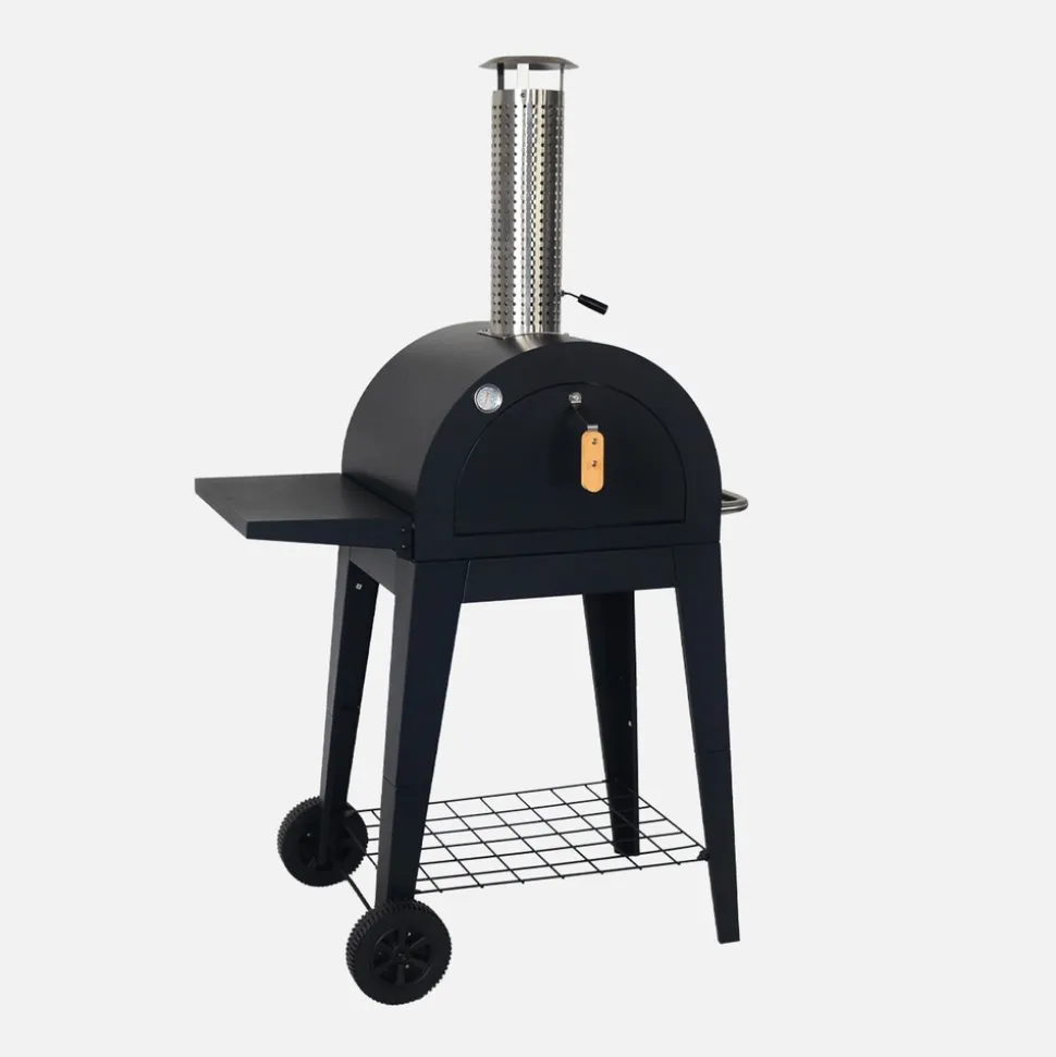 Four à pizza d'extérieur au charbon de bois. Coloris noir - giulia - pierre de cuisson roulette pelle et housse. L70xp63xh122cm