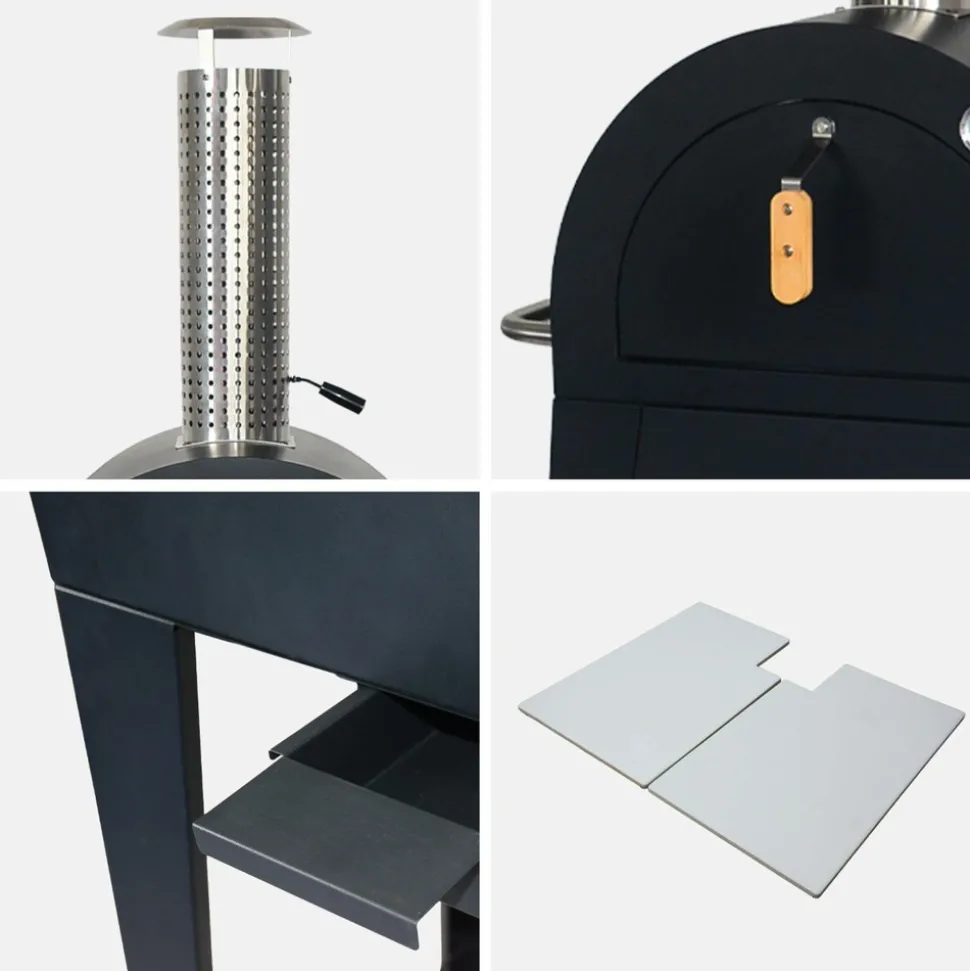 Four à pizza d'extérieur au charbon de bois. Coloris noir - giulia - pierre de cuisson roulette pelle et housse. L70xp63xh122cm