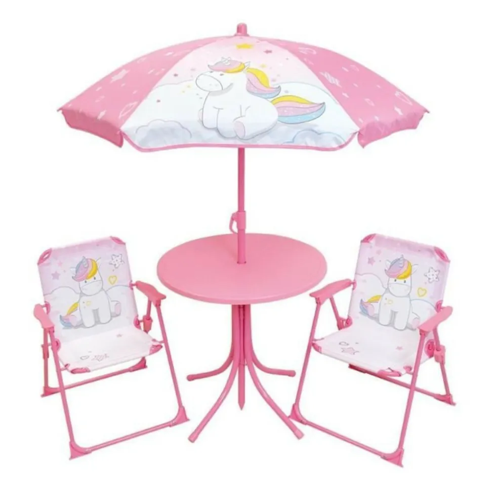 FUN HOUSE - Mobilier de jardin - fun house - salon de jardin licorne : table h.46 x 46 cm, 2 chaises pliantes, parasol h.125 x�100 cm