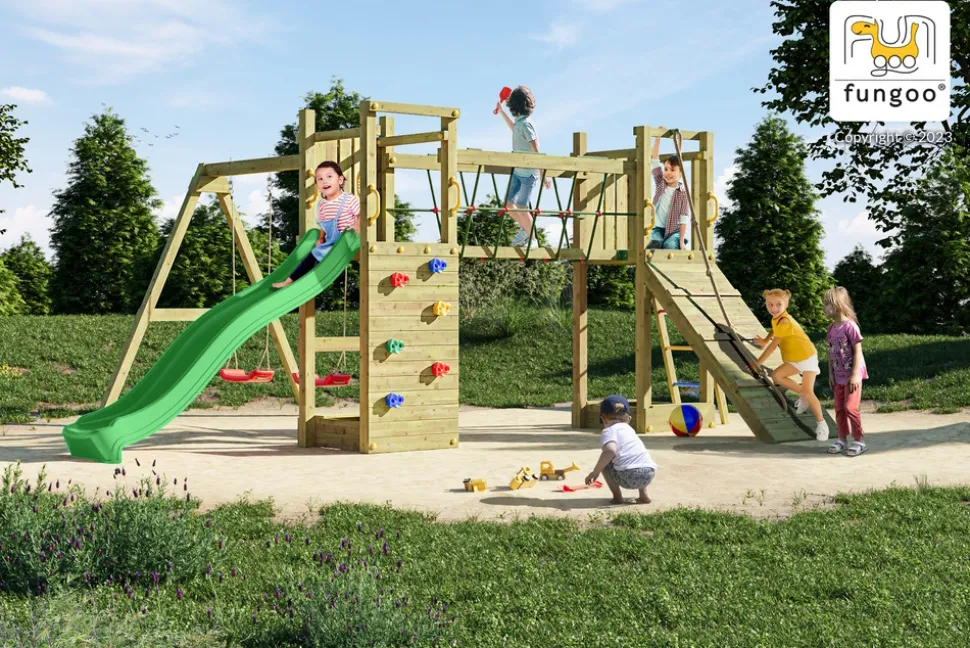 FUNGOO - Aire de jeu fungoo funny maxi exposure avec pont et toboggan