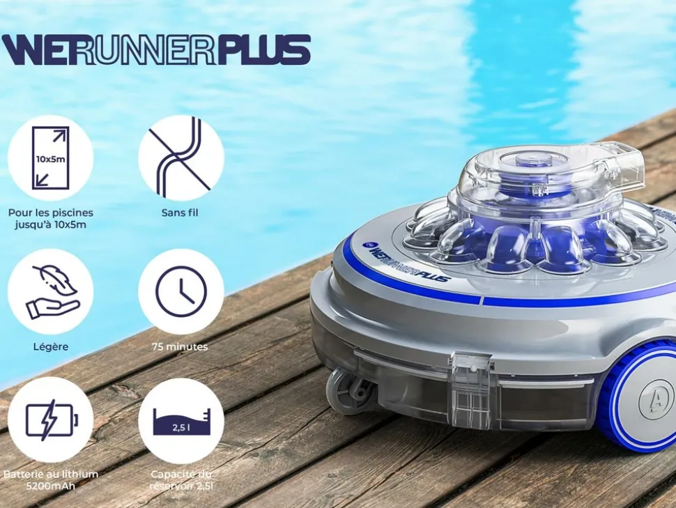 GRE POOLS - Robot à batterie rechargeable pour piscines hors-sol et enterrées jusqu'à 10 x 5 m