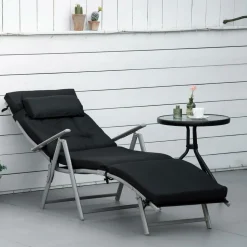 GUTENT - Bain de soleil pliable transat inclinable 7 positions chaise longue grand confort avec matelas + accoudoirs,noir