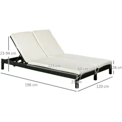 GUTENT - Bain de soleil transat 2 places - dossier inclinable multi-positions - matelas - résine tressée 4 fils noir