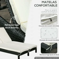 GUTENT - Bain de soleil transat 2 places - dossier inclinable multi-positions - matelas - résine tressée 4 fils noir