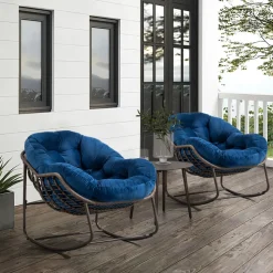 GUTENT - Chaise berçante en rotin d'extérieur, fauteuil inclinable avec coussin rembourré pour porche, salon, patio, jardin, bleu marine.