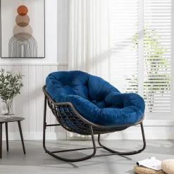 GUTENT - Chaise berçante en rotin d'extérieur, fauteuil inclinable avec coussin rembourré pour porche, salon, patio, jardin, bleu marine.