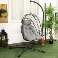 GUTENT - Fauteuil suspendu de jardin chaise hamac résine tressée panier pliable avec matelas support en métal et appui-tête gris