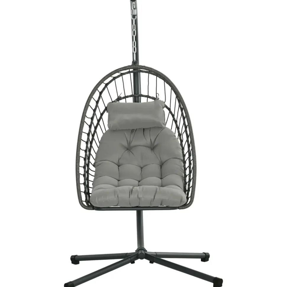 GUTENT - Fauteuil suspendu de jardin chaise hamac résine tressée panier pliable avec matelas support en métal et appui-tête gris