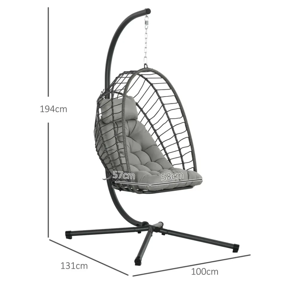 GUTENT - Fauteuil suspendu de jardin chaise hamac résine tressée panier pliable avec matelas support en métal et appui-tête gris