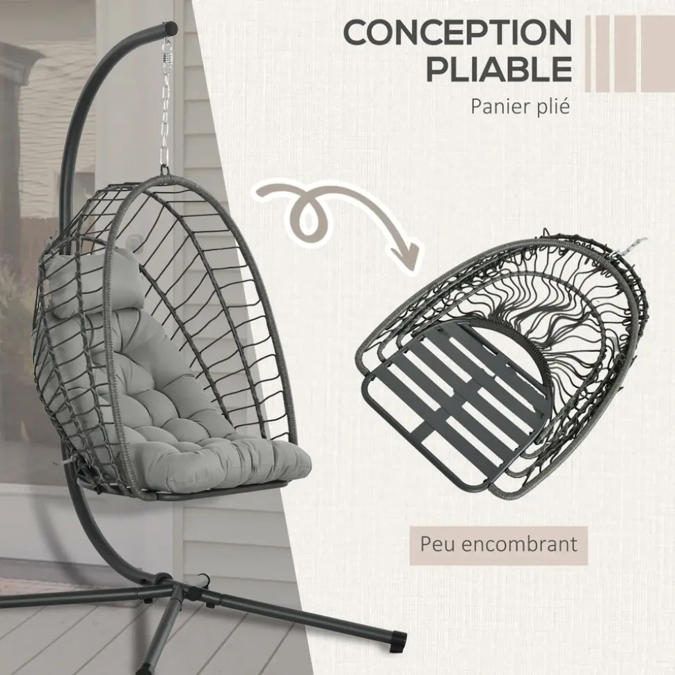 GUTENT - Fauteuil suspendu de jardin chaise hamac résine tressée panier pliable avec matelas support en métal et appui-tête gris