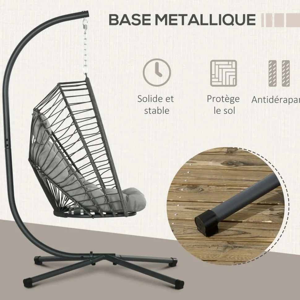 GUTENT - Fauteuil suspendu de jardin chaise hamac résine tressée panier pliable avec matelas support en métal et appui-tête gris