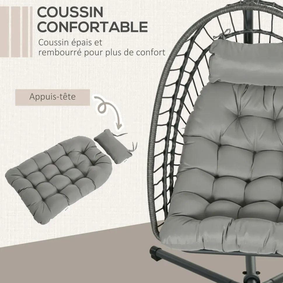 GUTENT - Fauteuil suspendu de jardin chaise hamac résine tressée panier pliable avec matelas support en métal et appui-tête gris