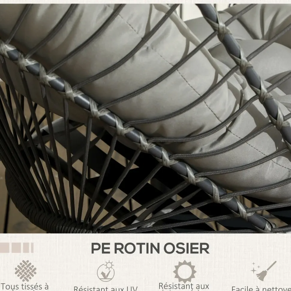 GUTENT - Fauteuil suspendu de jardin chaise hamac résine tressée panier pliable avec matelas support en métal et appui-tête gris