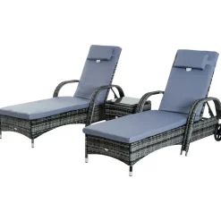 GUTENT - Lot de 2 transats bains de soleil grand confort : matelas, têtière, accoudoirs, roulettes + table basse