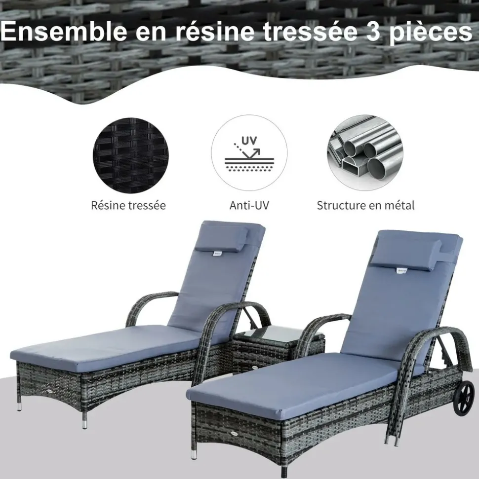 GUTENT - Lot de 2 transats bains de soleil grand confort : matelas, têtière, accoudoirs, roulettes + table basse