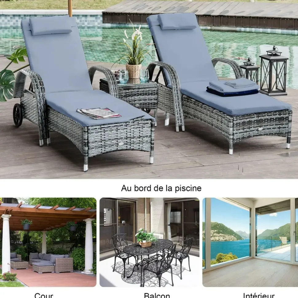GUTENT - Lot de 2 transats bains de soleil grand confort : matelas, têtière, accoudoirs, roulettes + table basse