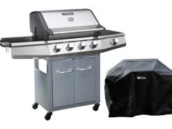 HABITAT ET JARDIN - Barbecue gaz avec led "bingo 5" - 5 brûleurs dont 1 latéral - 15.2kw + housse protection - argenté