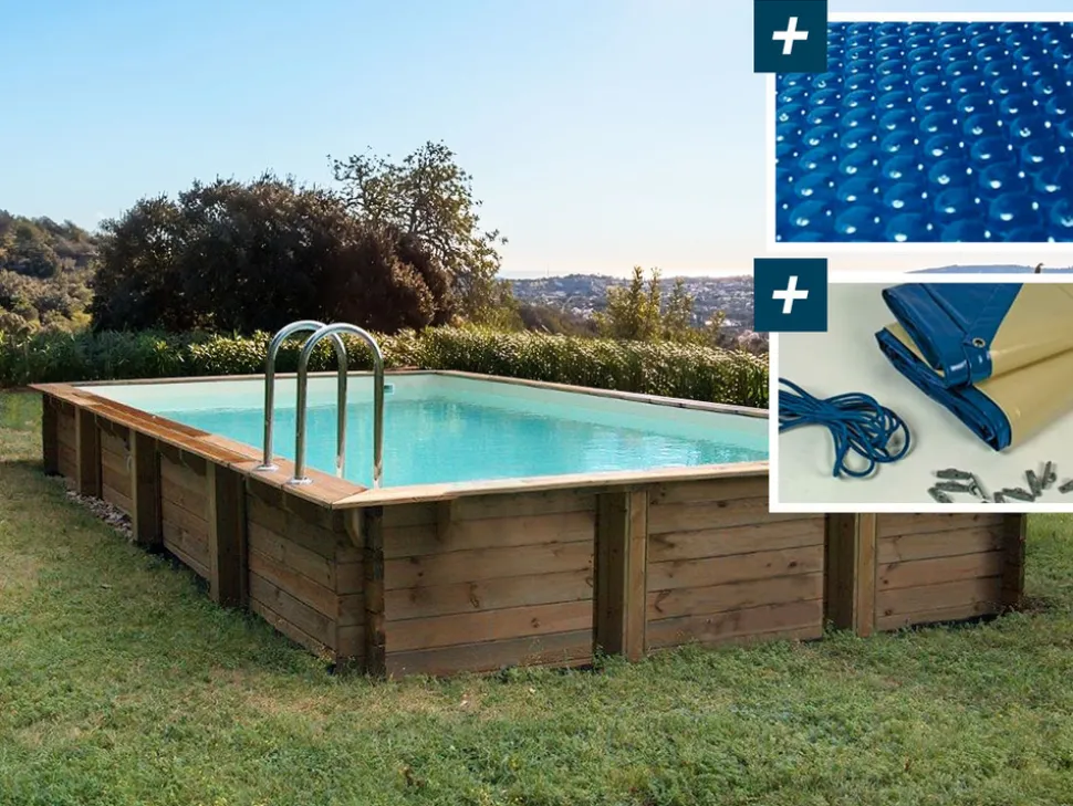 HABITAT ET JARDIN - Piscine bois en kit rectangle " tampa 145 " - 7.20 x 4.20 x 1.44 m - bâche à bulles 400 µ - bâche hiver 280 g/m²