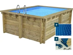 HABITAT ET JARDIN - Piscine bois rectangle " caimans 120 " - 4.10 x 3.00 x 1.24 m + bâche à bulles 180 µ - bâche hiver 280 g/m²