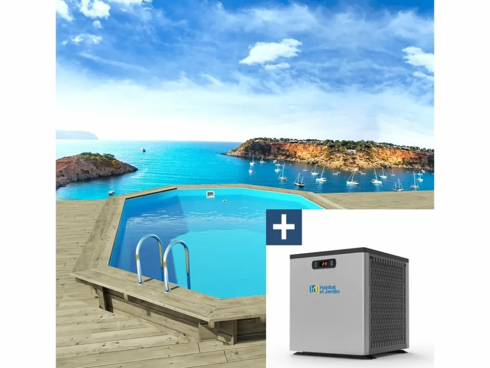 HABITAT ET JARDIN - Piscine bois " miami 130 " - 4.86 x 3.36 x 1.30 m + mini pompe à chaleur - puissance 3.5 kw