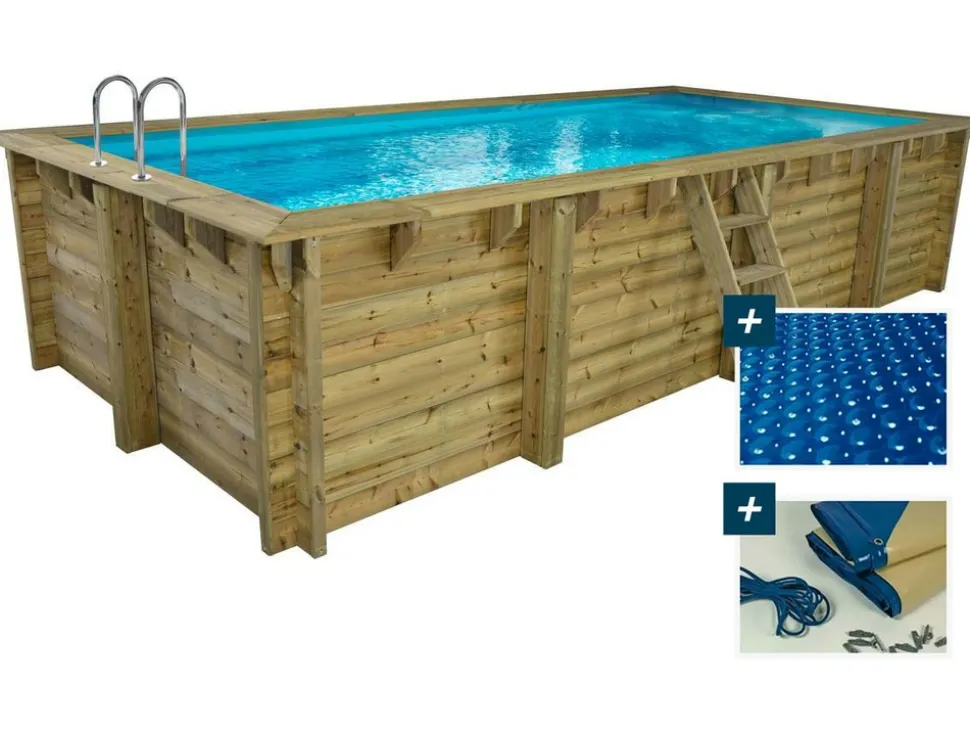 HABITAT ET JARDIN - Piscine bois rectangle " tobago "- 6.20 x 3.00 x 1.31 m + bâche à bulles 180 µ - bâche hiver 280 g/m²