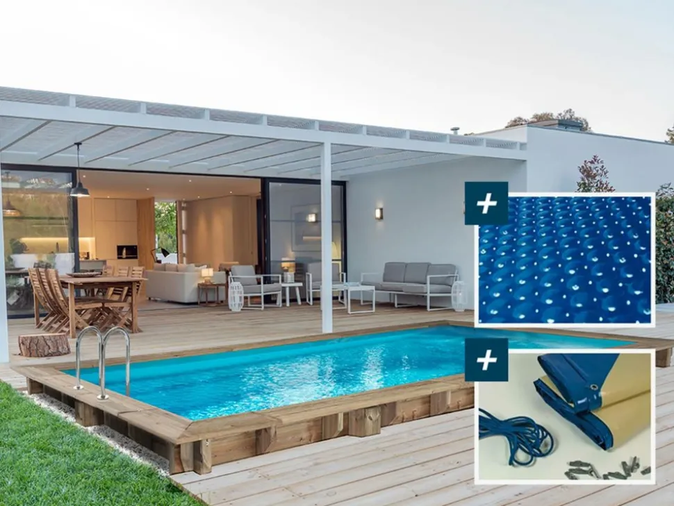 HABITAT ET JARDIN - Piscine bois rectangle " tobago "- 6.20 x 3.00 x 1.31 m + bâche à bulles 180 µ - bâche hiver 280 g/m²