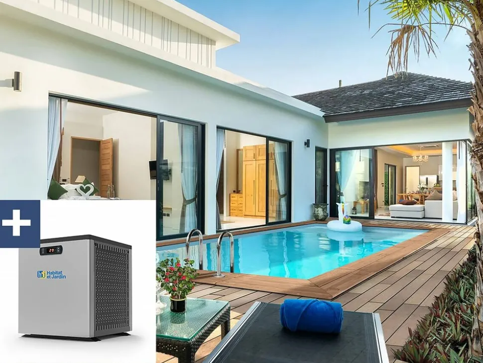 HABITAT ET JARDIN - Piscine bois rectangle " aruba "- 5.00 x 3.00 x 1.24 m + mini pompe à chaleur 3.5kw - métal - gris