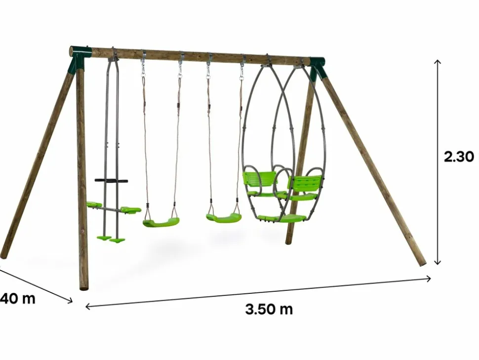 HABITAT ET JARDIN - Portique bois "nelio" - avec 2 balançoires , 1 vis-à-vis et 1 nacelle.