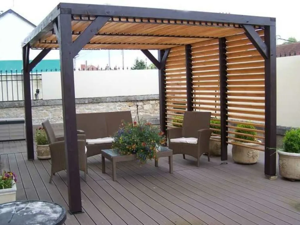 HABRITA - Auvent VENETO bois + ventelles toit/mur - 10,57 m2 - dimensions 3,39 m x 3,12 m