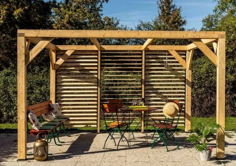 HABRITA - Auvent VENETO bois + ventelles mur - 10,57 m2 - dimensions 3,39 m x 3,12 m