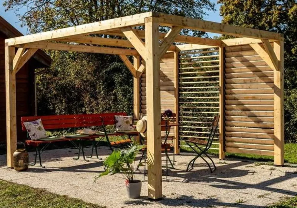 HABRITA - Auvent VENETO douglas massif + ventelles mur - 10,57 m2 - dimensions 3,39 m x 3,12 m