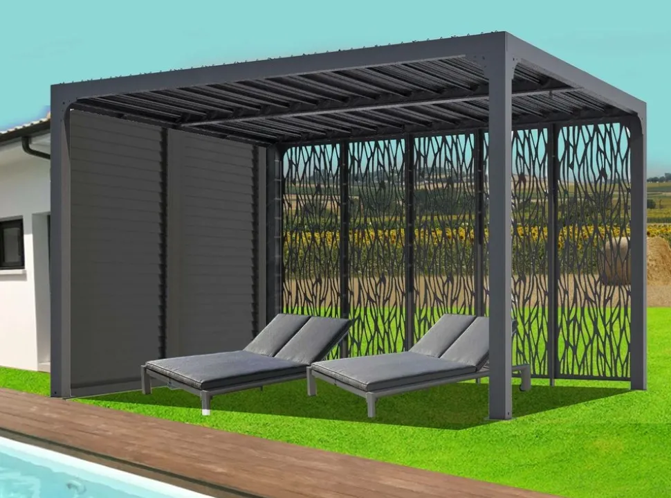 HABRITA - Pergola bioclimatique aluminium 10,80 m² + panneaux moucharabieh - coloris gris